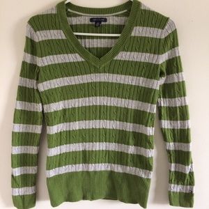 Tommy Hilfiger Green Striped V-Neck Sweater